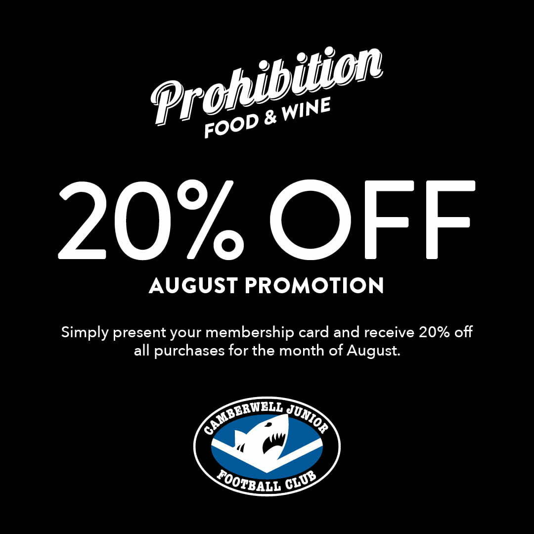 Thank you to our generous sponsor Prohibition Food & Wine – offering 20% off to all Sharks families!